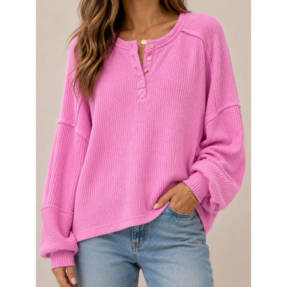 Blu Pepper Pink Waffle Knit Henley Top Oversized Balloon Sleeve M Boutique